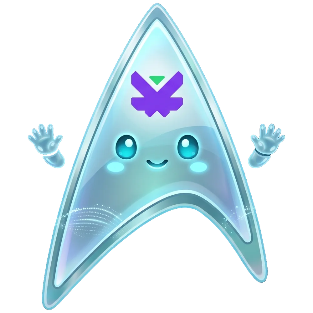 Delta, the TrekPay mascot: one half clear glass, the other half dark armour