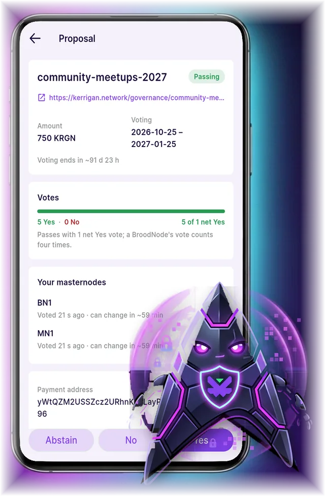 A proposal in TrekPay with five Yes votes and the two masternodes that voted